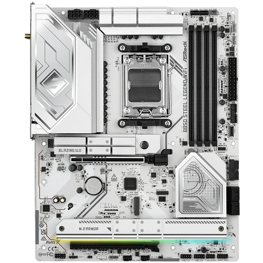 ASROCK MB Desktop B850 STEEL LEGEND WIFI, AM5, 4x DDR5, 1x PCIe 5.0 x16, 1x Blazing M.2(PCIe Gen5x4), 3x Hyper M.2, 4x SATA3, RAID 0, 1, 10, 7.1 CH HD Audio, 1x HDMI, 9x USB 3.2, 8x USB 2.0, 3x USB-C, 2.5G LAN, 2x Wi-Fi 7, 1x HDMI, 1x SPDIF, ATX