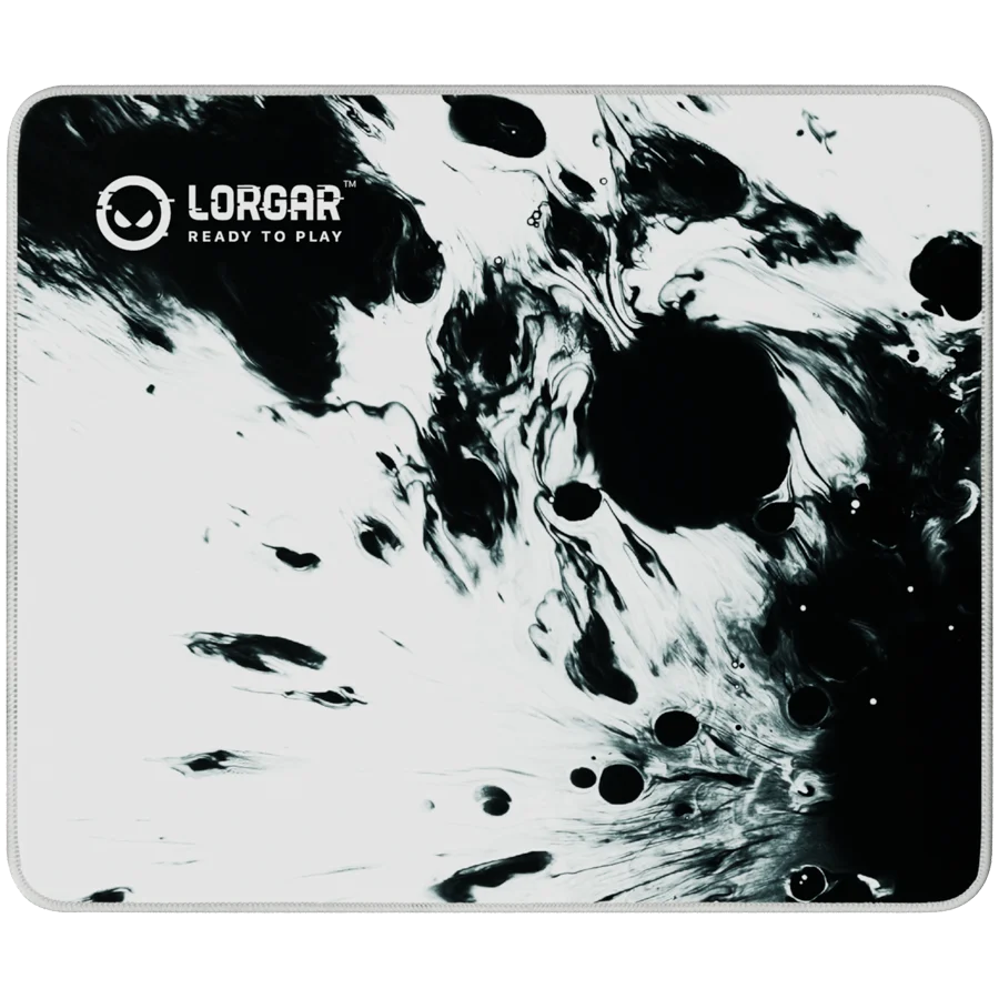 full print white and black design, bottom is black rubber with embossed LORGAR logo with double side edge stitching
