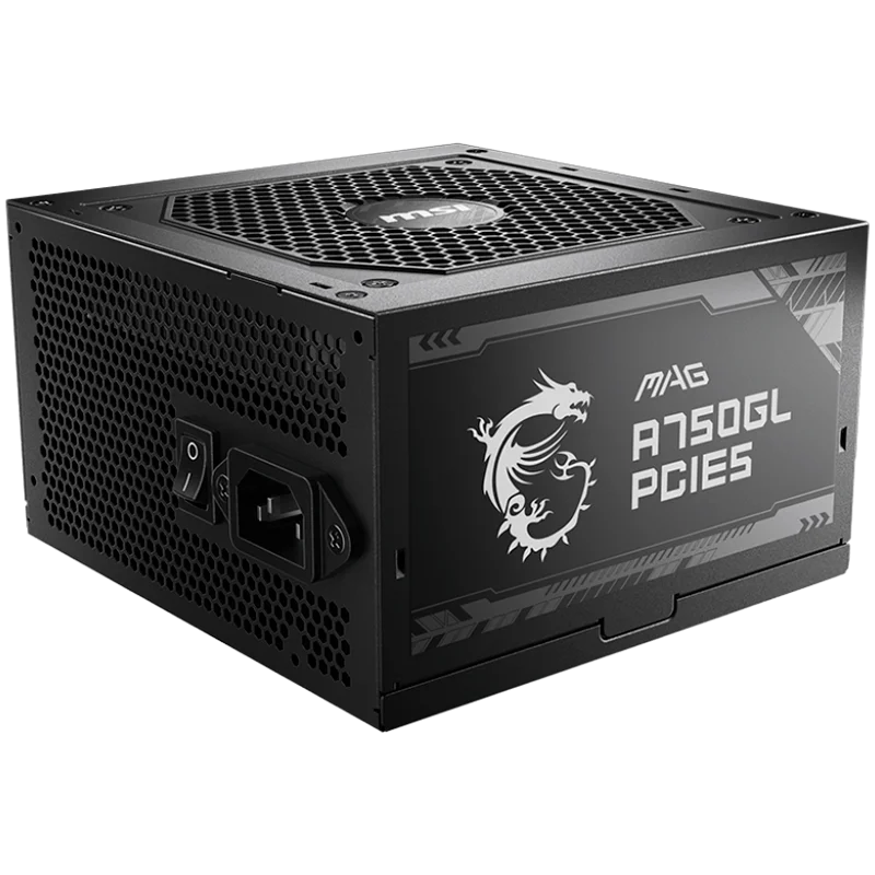 MSI MAG A750GL PCIE5, 750W, 80 Plus Gold, ATX Form Factor, 100~240 Vac Input Voltage, 47Hz ~ 63Hz Input Frequency, 120 mm Fan, 140 x 150 x 86mm, Active PFC, OCP, OVP, OPP, OTP, SCP, UVP, ATX, 2xEPS, 4XPCi-E, 8xSATA, 4xMOLEX, 1xFDD, 7Y