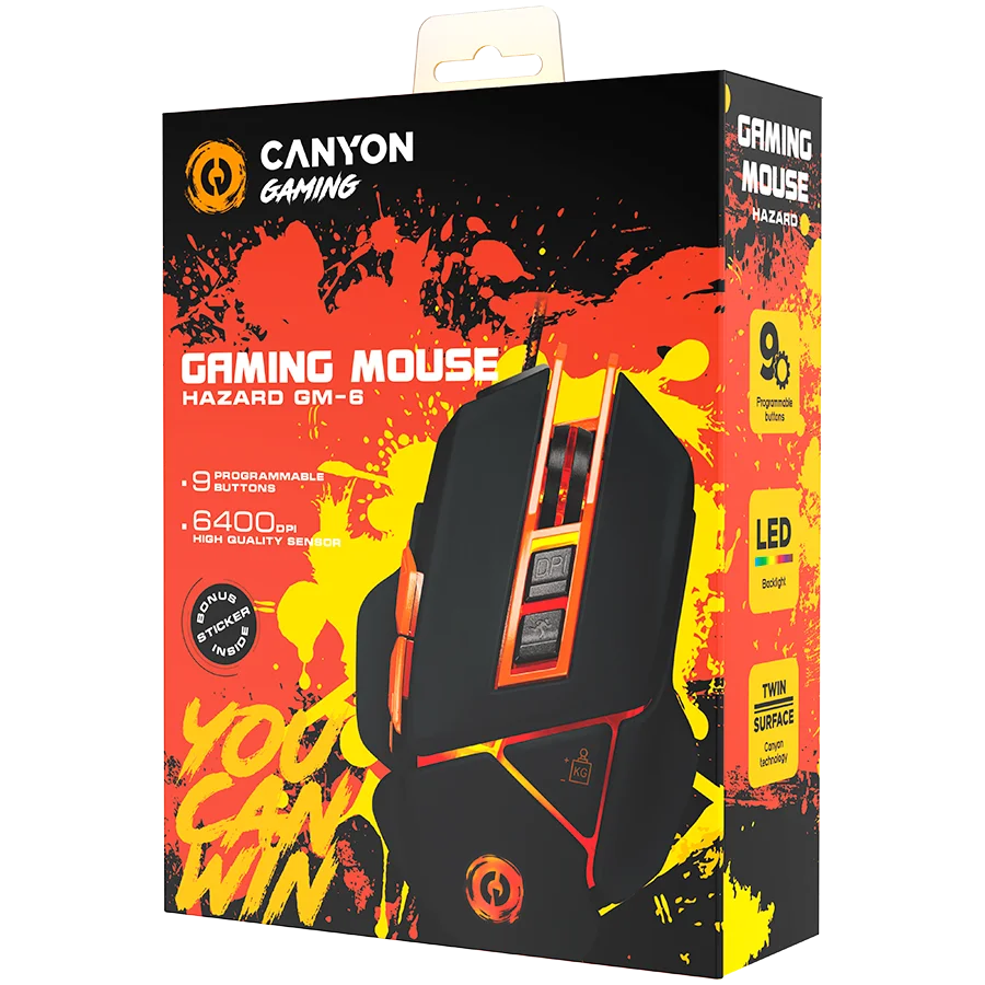 CANYON Optical gaming mouse, adjustable DPI setting 800/1000/1200/1600/2400/3200/4800/6400, LED backlight, moveable weight slot and retractable top cover for comfortable usage