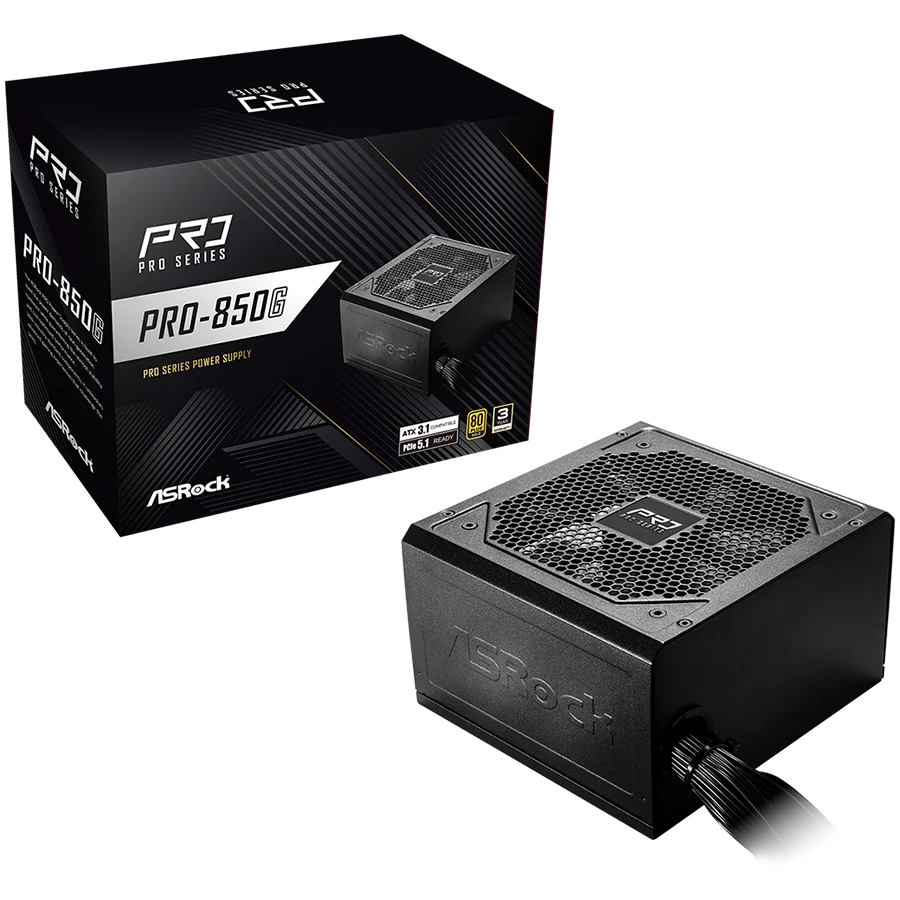 Asrock PRO-850G, 850W, 80 Plus GOLD, Non Modular PSU, 1x EPS 12V CPU(4+4pin), 2x PCIe (6+2pin), 2x 4-pin connectors, 4x SATA, OCP, SCP, OVP, UVP, OTP, OPP protections, 120 mm Fan, ATX 3.1, 3Y warranty