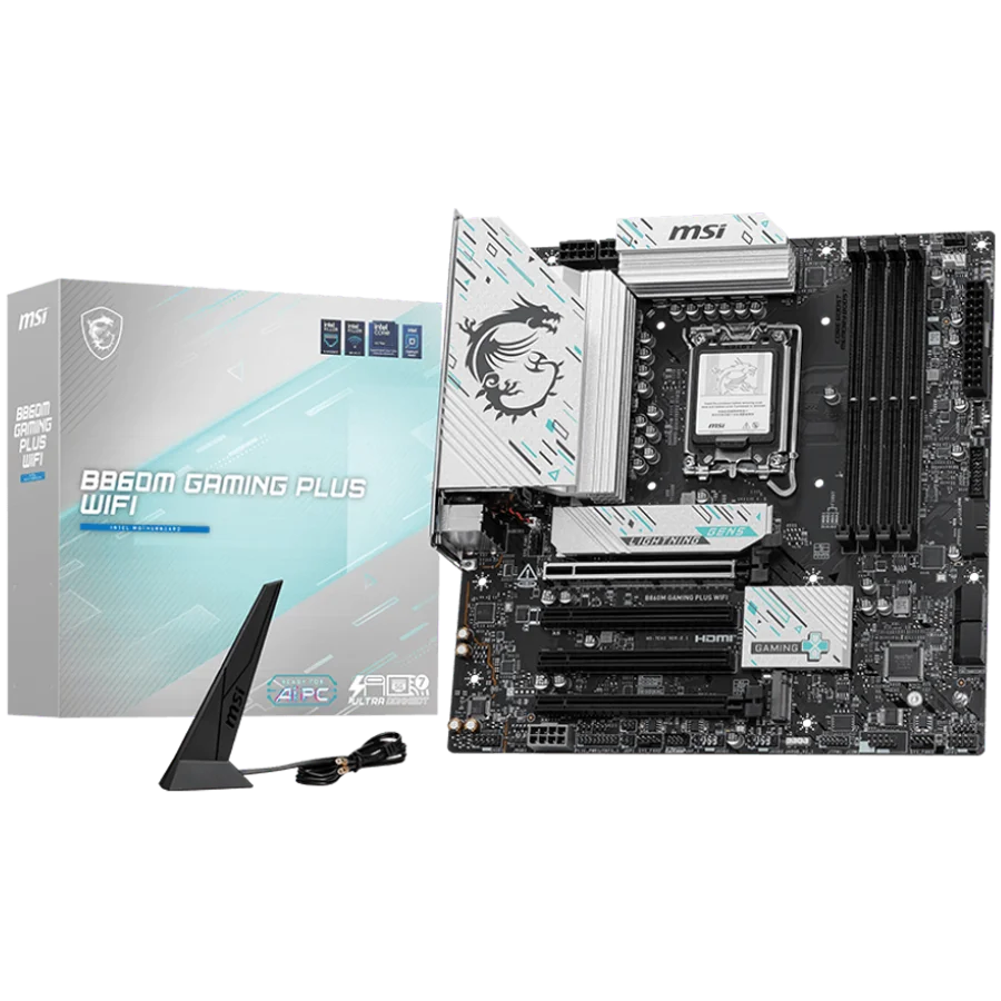 MSI PRO B860M GAMING PLUS WIFI, mATX, LGA 1851, 4x DDR5 Dual Channel DDR5 up to 8600(OC)MHz, 4x PCIe x16 slot, 3x M.2 slot, 2x USB 2.0, 2x USB 5Gbps, 1x USB 10Gbps, 1x USB 5Gbps Type-C, HDMI, DP, 7.1 HD Audio, 5G LAN, WiFi, BT, 3Y MSI PRO B860M GAMING PLUS WIFI, mATX, LGA 1851, 4x DDR5 Dual Channel DDR5 up to 8600(OC)MHz, 4x PCIe x16 slot, 3x M.2 slot, 2x USB 2.0, 2x USB 5Gbps, 1x USB 10Gbps, 1x USB 5Gbps Type-C, HDMI, DP, 7.1 HD Audio, 5G LAN, WiFi, BT, 3Y