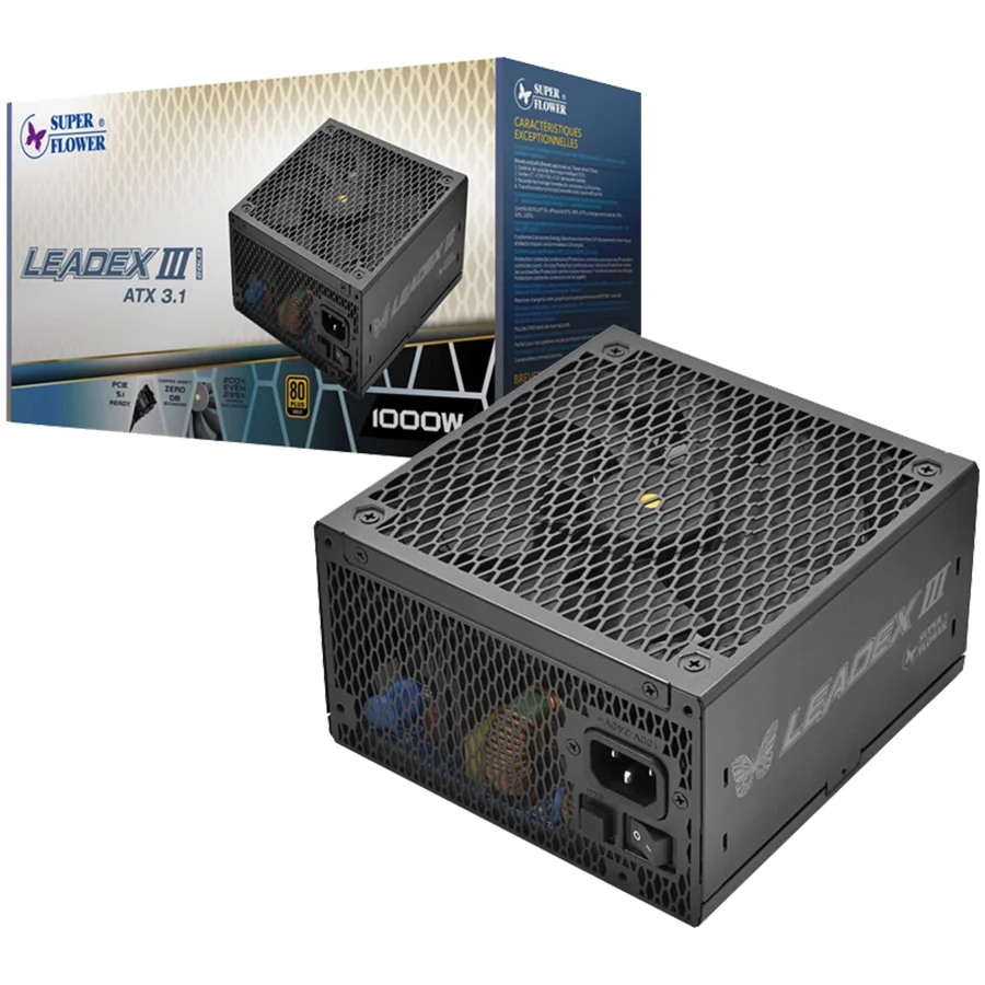 Super Flower Leadex III Gold 1000W ATX 3.1, 80 Plus Gold, Fully Modular, Flat Black Cables, 140mm Fan, 150mmx150mmx86mm, 7 Year Warranty