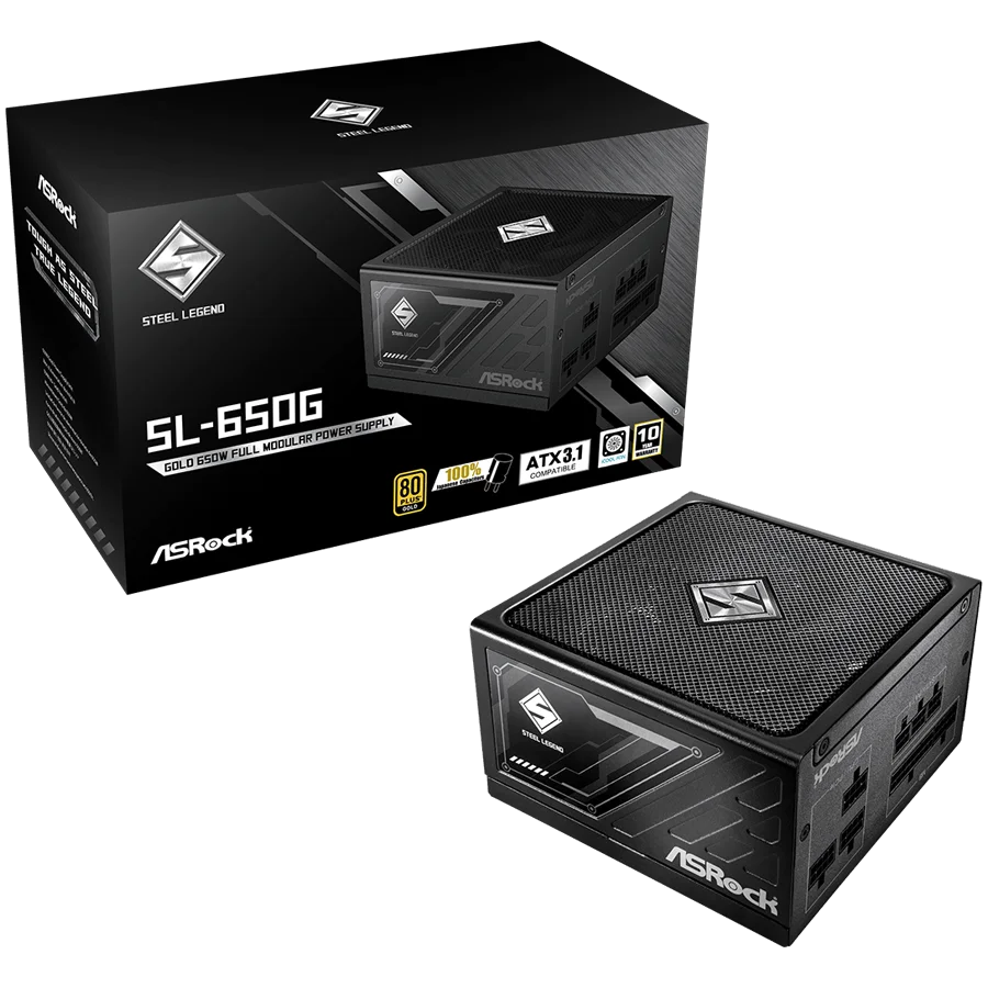 Asrock SL-650G, 650W, 80 Plus GOLD, Fully Modular PSU, Japanese Capacitors, 2x EPS 12V CPU(4+4pin), 2x PCIe (6+2pin), 3x 4-pin connectors, 6x SATA, OCP, SCP, OVP, UVP, OTP, OPP protections, 135 mm Axial Fan, ATX 3.1