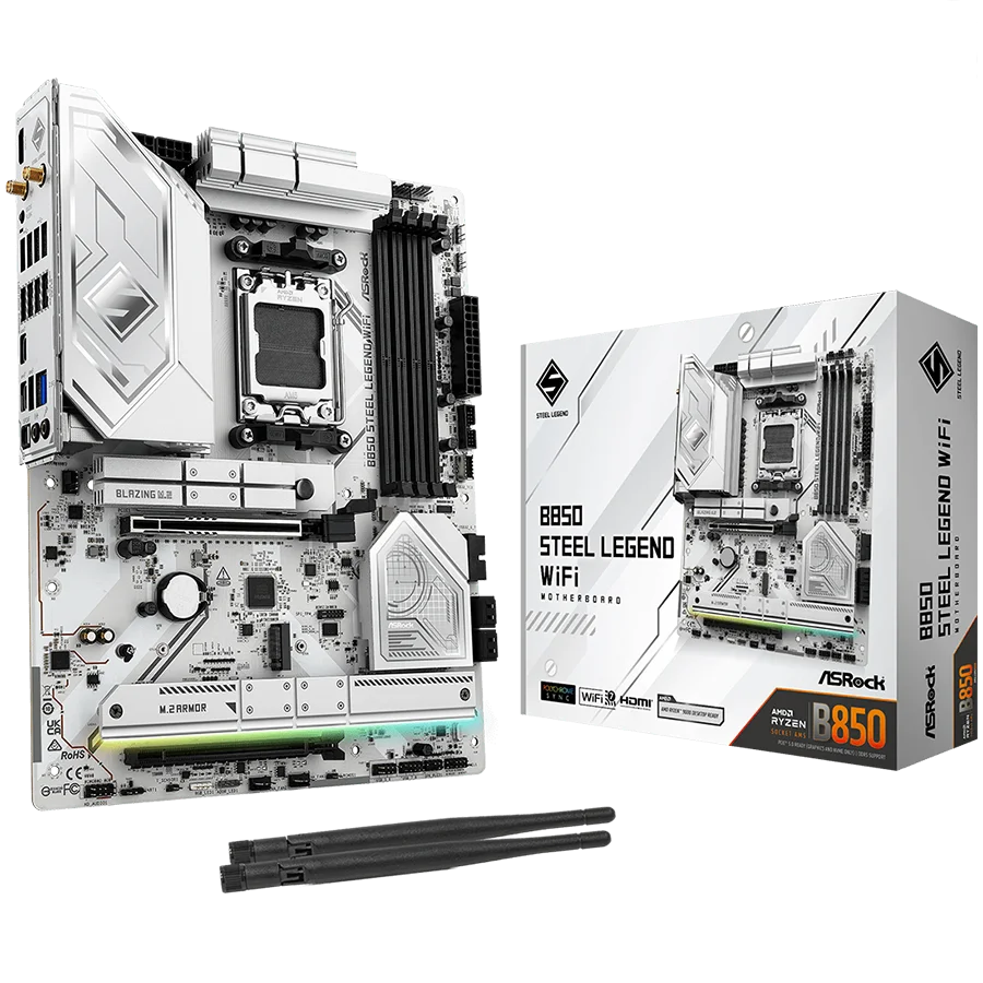 ASROCK MB Desktop B850 STEEL LEGEND WIFI, AM5, 4x DDR5, 1x PCIe 5.0 x16, 1x Blazing M.2(PCIe Gen5x4), 3x Hyper M.2, 4x SATA3, RAID 0, 1, 10, 7.1 CH HD Audio, 1x HDMI, 9x USB 3.2, 8x USB 2.0, 3x USB-C, 2.5G LAN, 2x Wi-Fi 7, 1x HDMI, 1x SPDIF, ATX