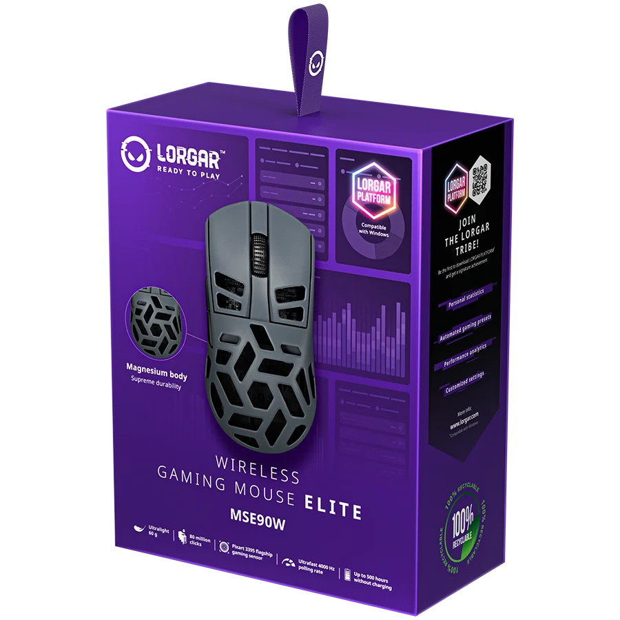 LORGAR MSE90W, Magnesium Alloy Wireless Gaming Mouse Elite, Dark Grey