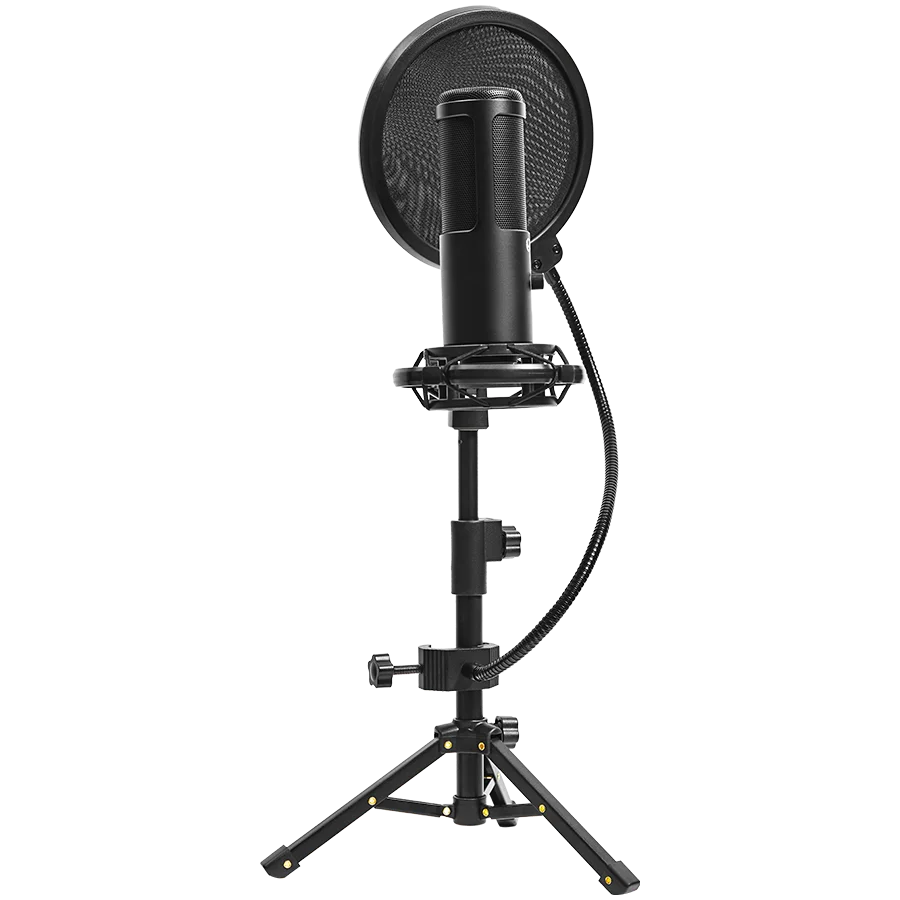 LORGAR Voicer 721, Gaming Microphone, Black, USB condenser microphone with tripod stand, pop filter, including 1 microphone, 1 Height metal tripod, 1 plastic shock mount, 1 windscreen cap, 1,2m metel type-C USB cable, 1 pop filter, 154.6x56.1mm