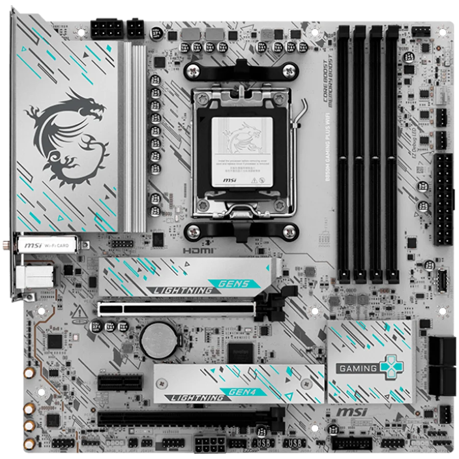 MSI B850M GAMING PLUS WIFI, mATX, Socket AM5, 4x DDR5 Dual Channel DDR5 up to 8200(OC)MHz, 2x PCIe x16 slot, 2x M.2 slot, 3x USB 5Gbps, 3x USB 10Gbps, 2x USB 10Gbps Type-C, HDMI, DP, 7.1 HD Audio, 5G LAN, WiFI 7, BT, 3Y