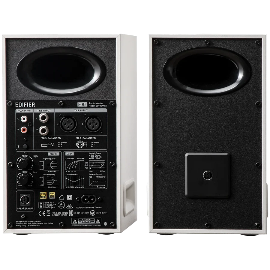 Edifier MR5 Active Studio Monitors (Tri-amped), BT V6.0, Balanced XLR, Balanced TRS, RCA and AUX, with headphone output, 5-inch woofers, 3.75-inch mid-range drivers, and 1-inch silk dome tweeters, 110W (RMS), Room Acoustic Compensation, White