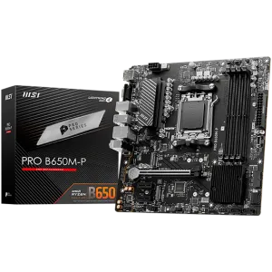 MSI PRO B650M-P,ATX, Socket AM5,AMD B650, 4xDDR5, Dual Channel DDR5 up to 7200+(OC)MHz,1x PCIe 4.0/3.0 x16 slot,2x M.2 slots,2x USB 3.2 Gen 2 (1x Type-C),2x USB 3.2 Gen 1,4x USB 2.0,1x HDMI,1x DP,2.5G LAN,7.1 Audio,3y warranty
