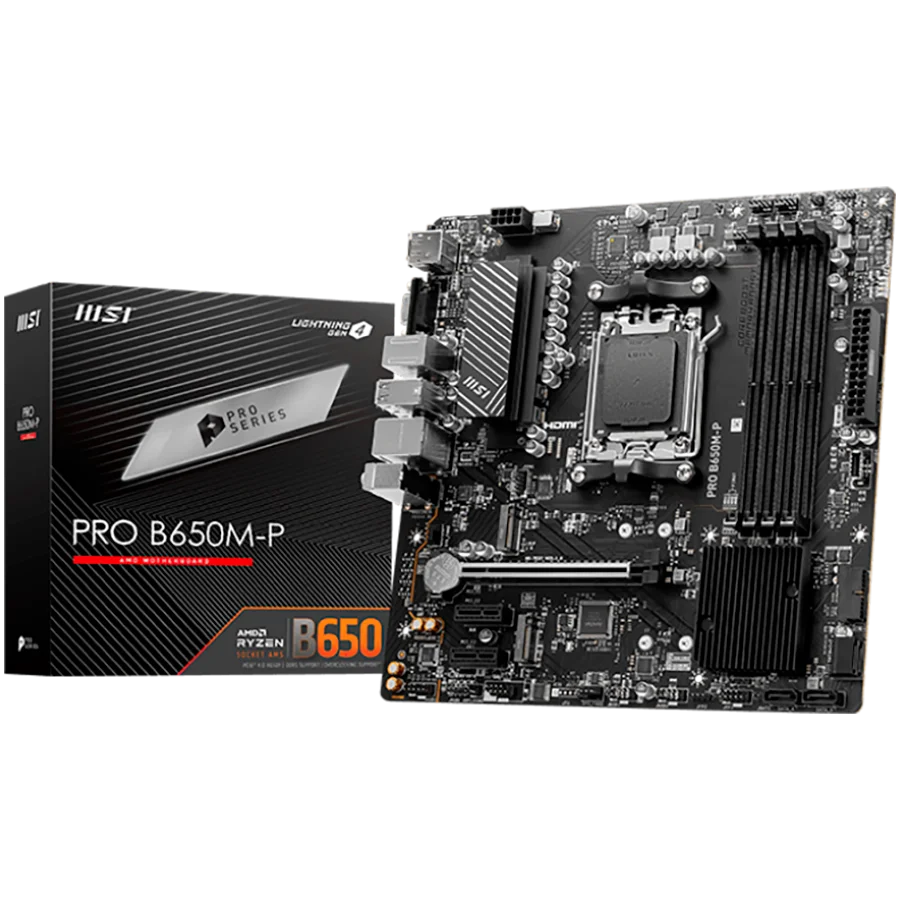 MSI PRO B650M-P,ATX, Socket AM5,AMD B650, 4xDDR5, Dual Channel DDR5 up to 7200+(OC)MHz,1x PCIe 4.0/3.0 x16 slot,2x M.2 slots,2x USB 3.2 Gen 2 (1x Type-C),2x USB 3.2 Gen 1,4x USB 2.0,1x HDMI,1x DP,2.5G LAN,7.1 Audio,3y warranty