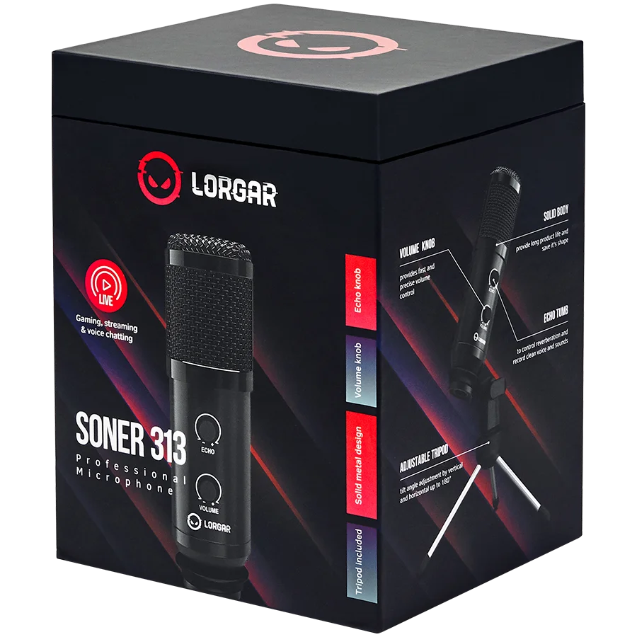 LORGAR Soner 313, Gaming Microphones, Black, USB condenser microphone with Volume Knob & Echo Kob, including 1x Microphone, 1 x 2.5M USB Cable, 1 x Tripod Stand, 1 x User Manual, body size: Φ47.4*158.2*48.1mm, weight: 243.0g