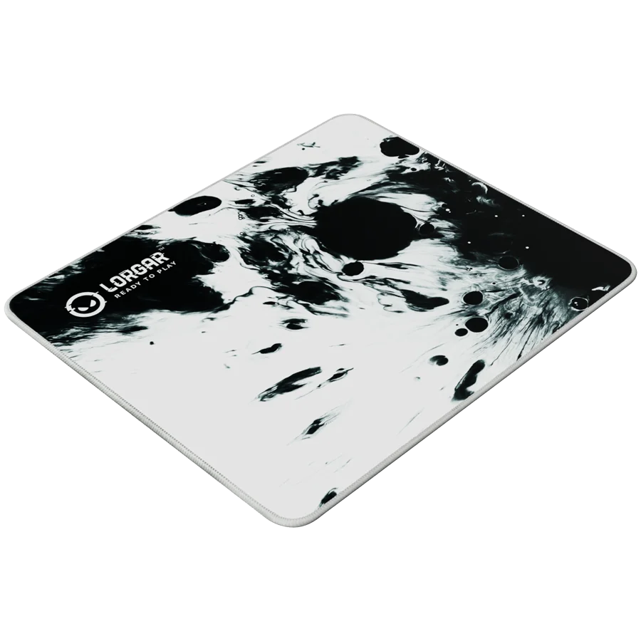 full print white and black design, bottom is black rubber with embossed LORGAR logo with double side edge stitching