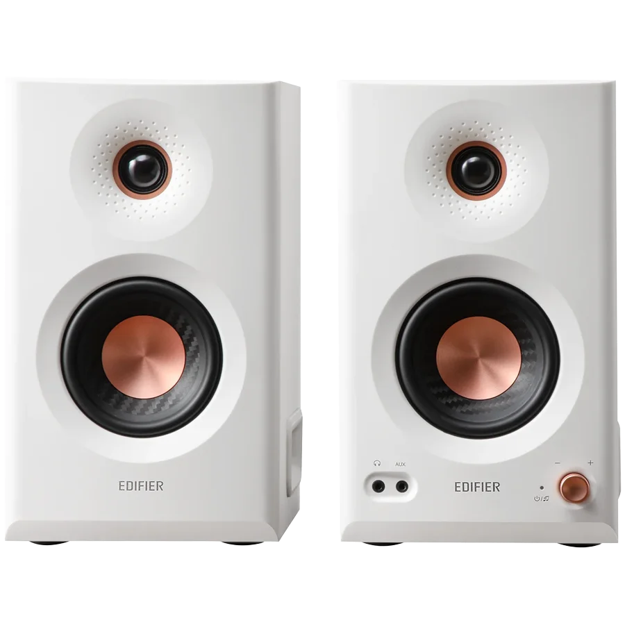 Edifier MR5 Active Studio Monitors (Tri-amped), BT V6.0, Balanced XLR, Balanced TRS, RCA and AUX, with headphone output, 5-inch woofers, 3.75-inch mid-range drivers, and 1-inch silk dome tweeters, 110W (RMS), Room Acoustic Compensation, White