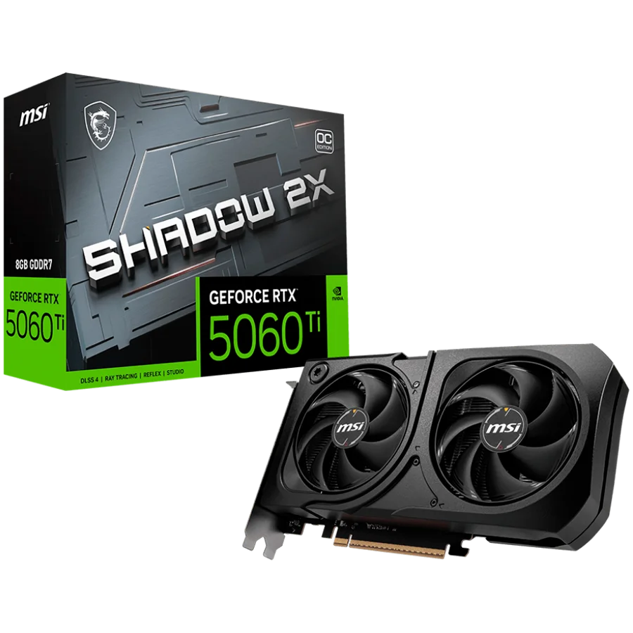 MSI Video Card NVIDIA GeForce RTX 5060 Ti 8G SHADOW 2X OC PLUS, 8GB GDDR7, 128-bit, 2617 MHz Boost, 4608 CUDA Cores, PCIe 5.0 (x8), 3x DP 2.1b, HDMI 2.1b, RAY TRACING, Dual Fan, 180W TDP, 8-pin PCIe Power, G-SYNC, 2-Slot, 3Y