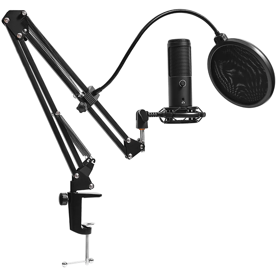 LORGAR Voicer 931, Gaming Microphone, Black, USB condenser microphone with boom arm stand, pop filter, tripod stand. including 1* microphone, 1*Boom Arm Stand with C-clamp, 1*shock mount, 1*pop filter, 1*windscreen cap, 1*2.5m type-C USB cable, 1* Extra t