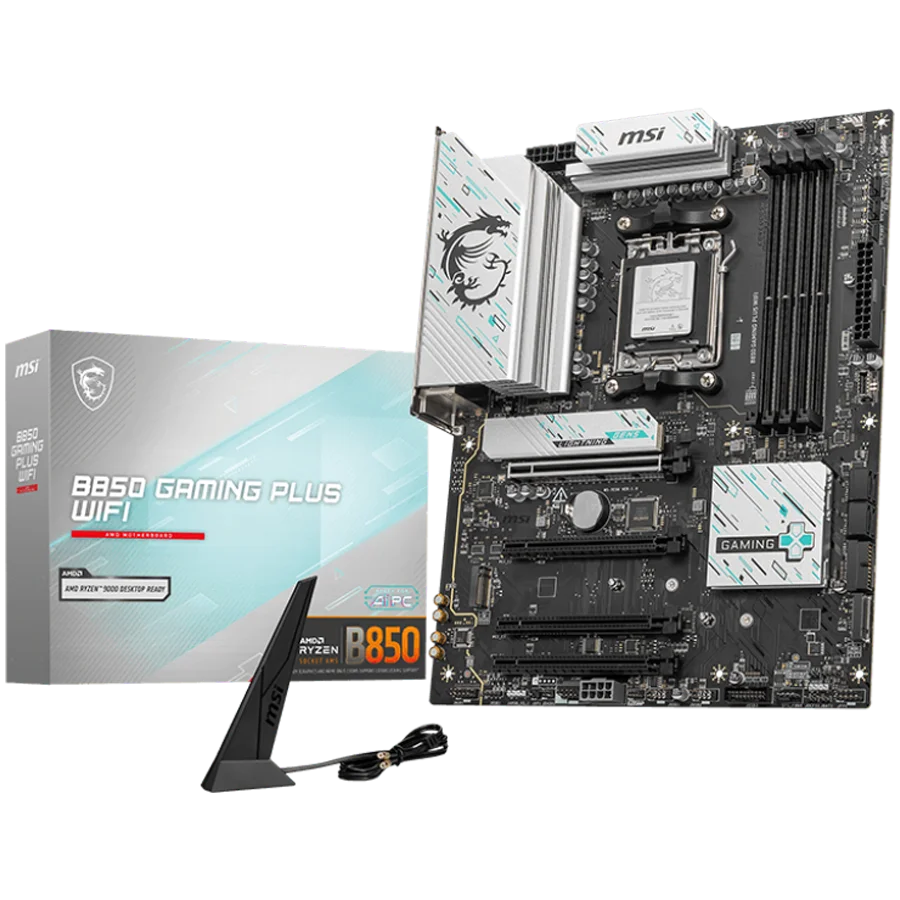 MSI B850 GAMING PLUS WIFI, ATX, Socket AM5, 4x DDR5 Dual Channel DDR5 up to 8200(OC)MHz, 4x PCIe 3.0 x16 slot, 3x M.2 slot, 4x USB 2.0, 1x USB 5Gbps, 1x USB 10Gbps, 2x USB 10Gbps Type-C, DP, 7.1 HD Audio, 5G LAN, WiFI 7, BT, 3Y MSI B850 GAMING PLUS WIFI, ATX, Socket AM5, 4x DDR5 Dual Channel DDR5 up to 8200(OC)MHz, 4x PCIe 3.0 x16 slot, 3x M.2 slot, 4x USB 2.0, 1x USB 5Gbps, 1x USB 10Gbps, 2x USB 10Gbps Type-C, DP, 7.1 HD Audio, 5G LAN, WiFI 7, BT, 3Y