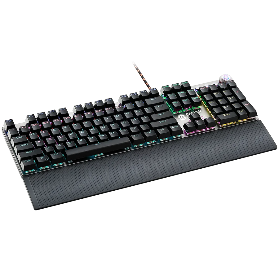 CANYON Nightfall GK-7, Wired Gaming Keyboard,Black 104 mechanical switches,60 million times key life, 22 types of lights,Removable magnetic wrist rest,4 Multifunctional control knob,Trigger actuation 1.5mm,1.6m Braided cable,US layout,dark grey, size:435*