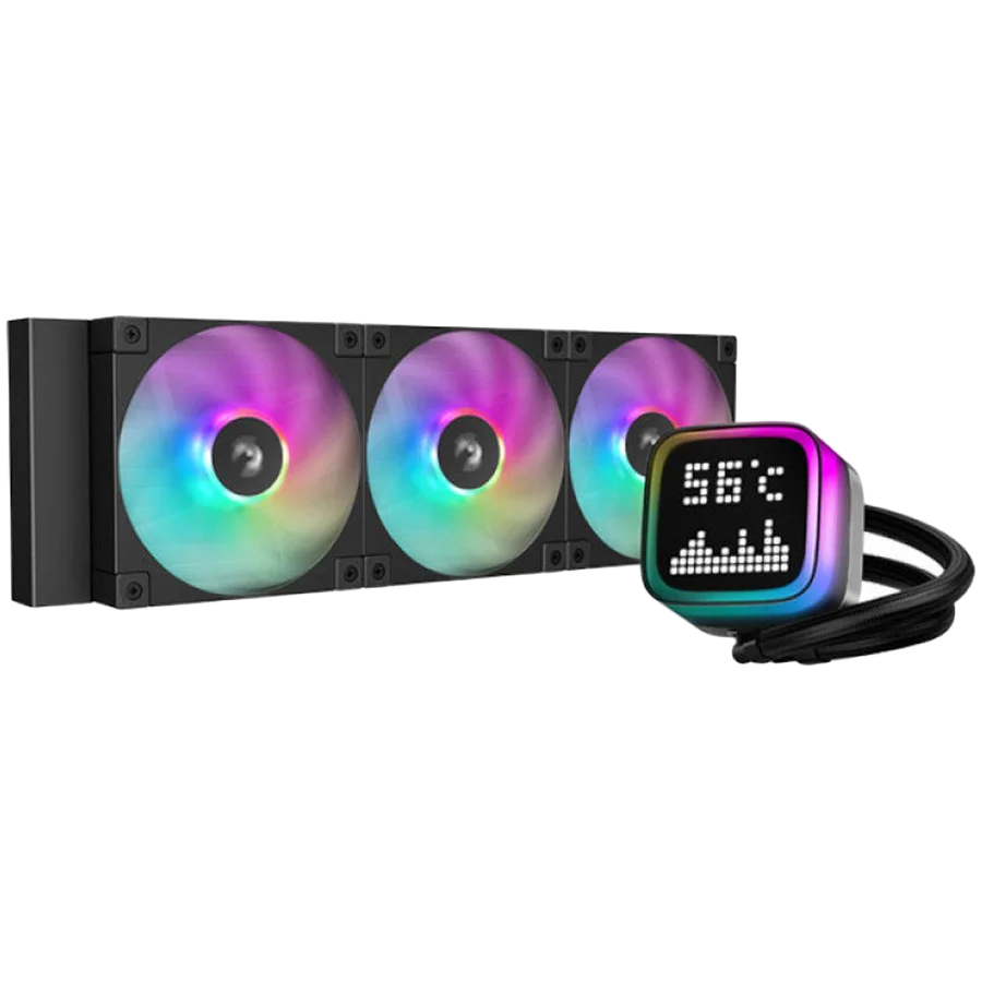 DeepCool LP360, 360mm CPU Liquid Cooler, 3x120mm ARGB PWM Fans, Dot-matrix Screen, Anti-Leak Technology, Black, LGA1851/1700/1200/1151/1150/1155, AMD AM5/AM4, 5Y, R-LP360-BKMSNC-G-1