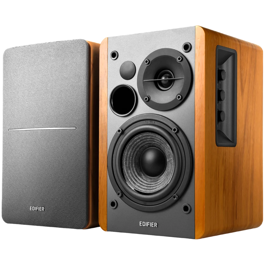 Edifier R1280T 2.0 Bookshelf Speakers, RCA, 0.5-inch Tweeters, 4-inch Drivers, 42W (RMS), Control Knobs and Remote Control, Brown
