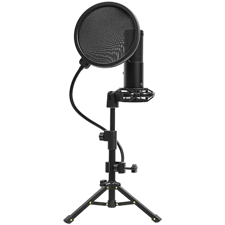 LORGAR Voicer 721, Gaming Microphone, Black, USB condenser microphone with tripod stand, pop filter, including 1 microphone, 1 Height metal tripod, 1 plastic shock mount, 1 windscreen cap, 1,2m metel type-C USB cable, 1 pop filter, 154.6x56.1mm