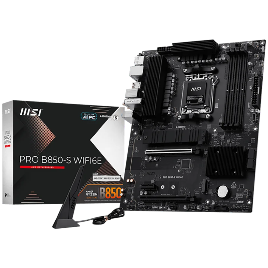 MSI PRO B850-S WIFI6E, ATX, Socket AM5, 4x DDR5 Dual Channel  up to 8200(OC)MHz, 2x PCIe x16 slot, 2x M.2 slot, 4x USB 5Gbps, 3x USB 10Gbps, 1x USB 10Gbps Type-C, HDMI, DP, 7.1 HD Audio, 2.5G LAN, WiFI 6E, BT, 3Y