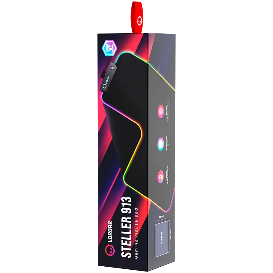 Lorgar Steller 913, Gaming mouse pad, High-speed surface, anti-slip rubber base, RGB backlight, USB connection, Lorgar WP Gameware support, size: 360mm x 300mm x 3mm, weight 0.250kg Lorgar Steller 913, Gaming mouse pad, High-speed surface, anti-slip rubber base, RGB backlight, USB connection, Lorgar WP Gameware support, size: 360mm x 300mm x 3mm, weight 0.250kg