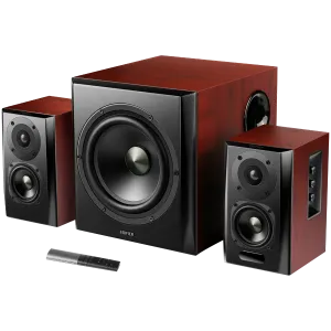 Edifier S350DB 2.1 Audio System, BT V5.1, Optical, Coaxial, RCA, 8-inch Subwoofer, 3.5-inch Drivers, 0.75-inch Tweeters, 70W (RMS), Control Knobs and Remote Control, Brown
