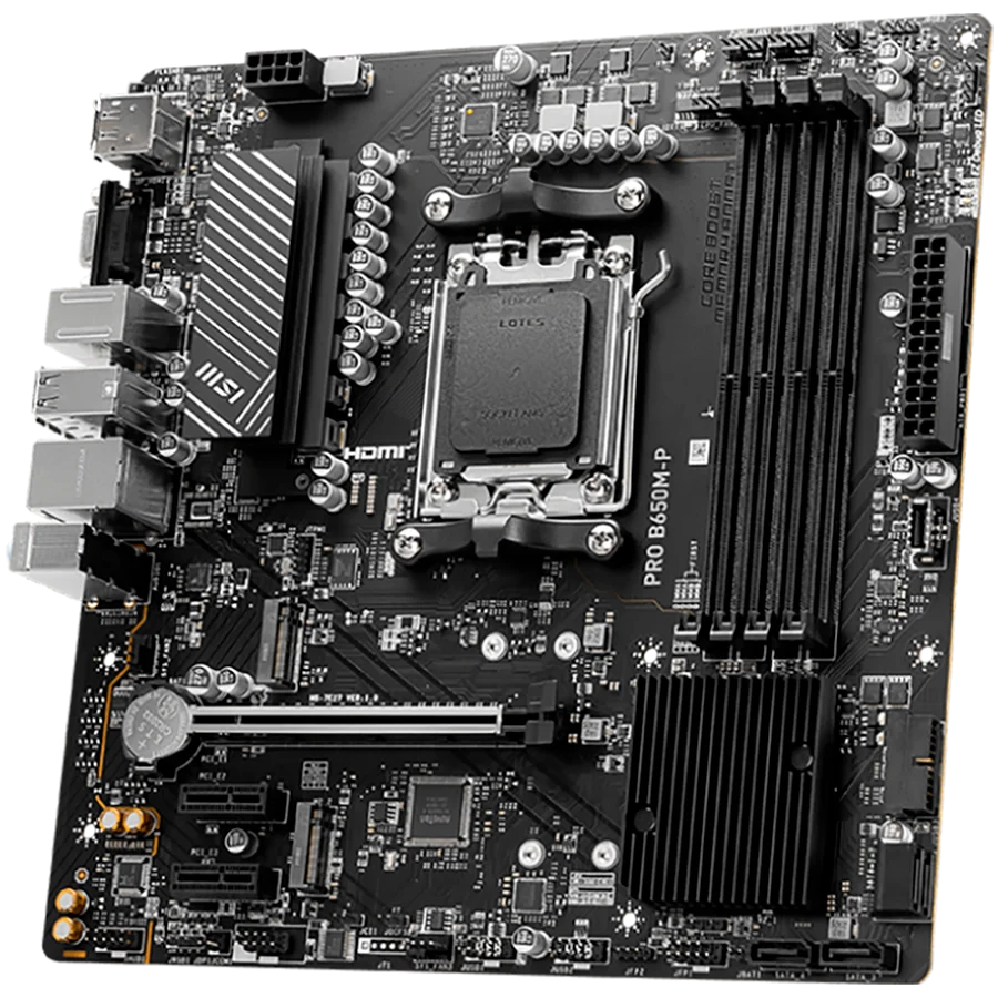 MSI PRO B650M-P,ATX, Socket AM5,AMD B650, 4xDDR5, Dual Channel DDR5 up to 7200+(OC)MHz,1x PCIe 4.0/3.0 x16 slot,2x M.2 slots,2x USB 3.2 Gen 2 (1x Type-C),2x USB 3.2 Gen 1,4x USB 2.0,1x HDMI,1x DP,2.5G LAN,7.1 Audio,3y warranty
