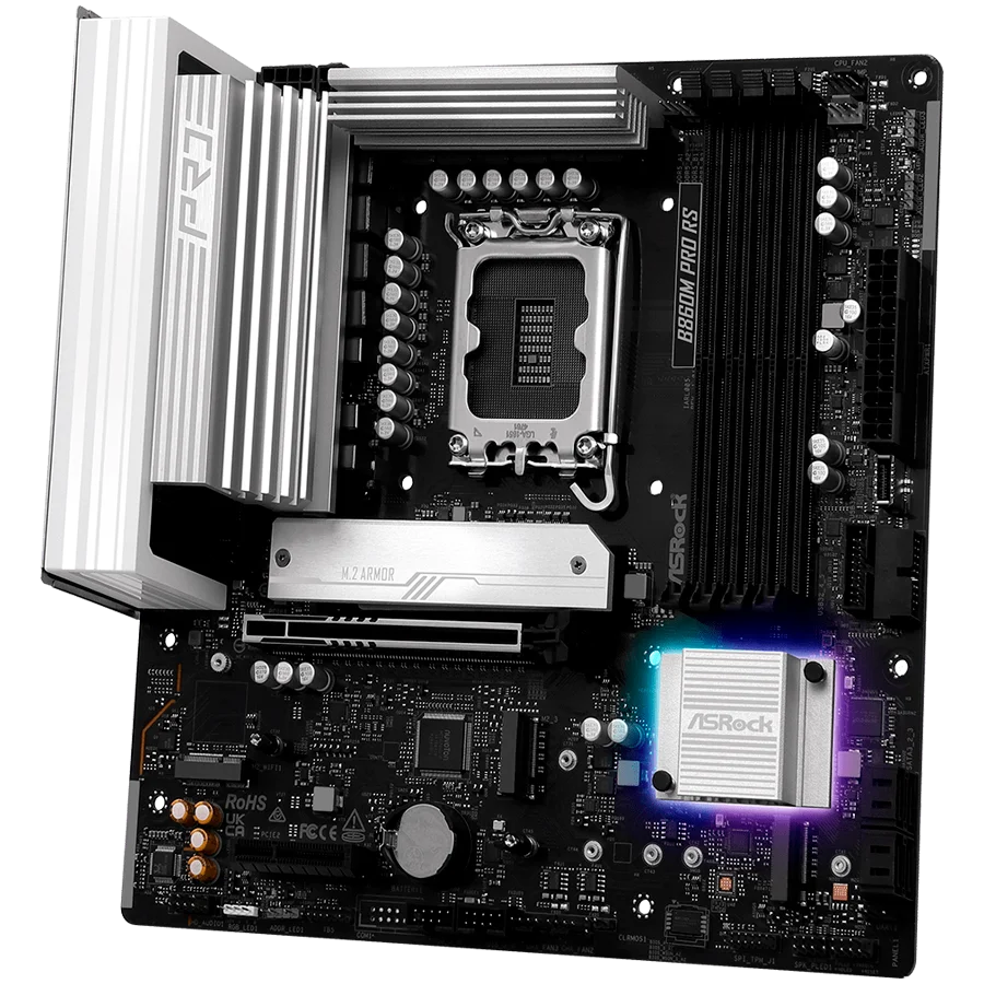 ASROCK MB Desktop B860M Pro Rs, S.1851, 4x DDR5, 1x PCIe 5.0 x16, 1x PCIe 4.0 x4, 1x Blazing M.2, 2x Hyper M.2, 4x SATA3, 2x USB-C, 7x USB 3.2, 6x USB 2.0, 1x RJ-45 2.5GB Lan, 1x HDMI, 1x DP 1.4, mATX