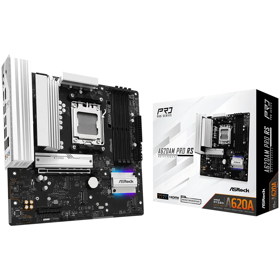 ASROCK MB Desktop A620AM Pro RS, AM5, 4x DDR5, 1x PCIe 4.0 x16, 1x PCIe 3.0 x16, 2x Hyper M.2(PCIe Gen4x4), 1x Ultra m.2, 2x SATA3 6.0 Gb/s, 1x HDMI, 1x DP, 1x Gbit LAN, 5x USB 3.0, 2x USB-C, 6x USB 2.0, Micro ATX