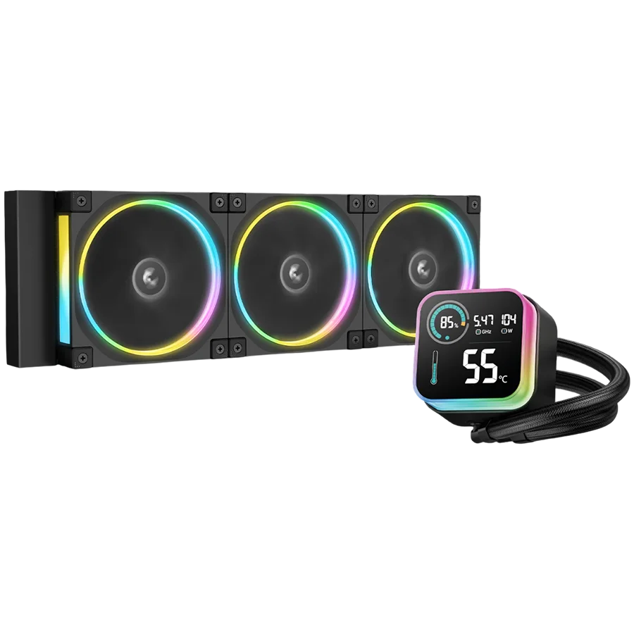 DeepCool LQ360 ULTRA ARGB, 360mm CPU Liquid Cooler, 3x120mm FL12 ARGB Fans, LED Screen, Anti-Leak Technology, Black, LGA1851/1700/1200/115x, AMD AM5/AM4, 5Y, R-LQ360-BKASMC-G-1