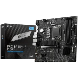 MSI PRO B760M-P DDR4, mATX, Socket 1700, Dual Channel DDR4 4800(OC)MHz, 1x PCIe x16 slots, 2x M.2 slots, 1x HDMI, 1x DP, 1x VGA, 1x USB 3.2 Gen 2 Type-C, 1x USB 3.2 Gen 1, 4x USB 2.0, 7.1 HD Audio, 1Gbps LAN, 3Y