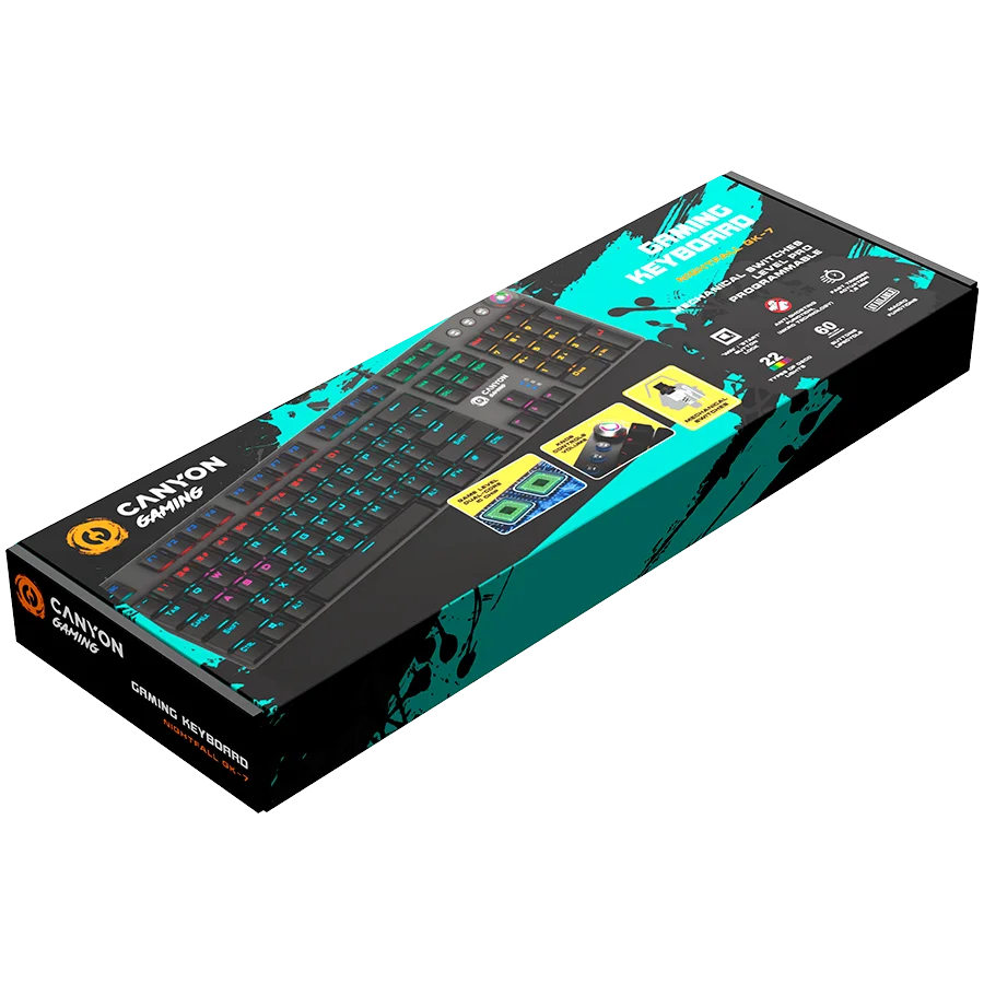 CANYON Nightfall GK-7, Wired Gaming Keyboard,Black 104 mechanical switches,60 million times key life, 22 types of lights,Removable magnetic wrist rest,4 Multifunctional control knob,Trigger actuation 1.5mm,1.6m Braided cable,US layout,dark grey, size:435*