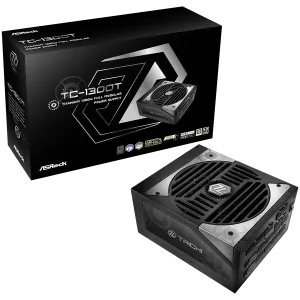 Asrock TC-1300T, 1300W, 80 Plus Titanium, Fully Modular PSU, Japanese Capacitors, 2x EPS 12V CPU(4+4pin), 2x PCIe5.1 (12+4pin), 8x PCIe (6+2pin), 3x 4-pin connectors, 9x SATA, OCP, SCP, OVP, UVP, OTP, OPP protections, 135 mm Axial Fan, ATX 3.1