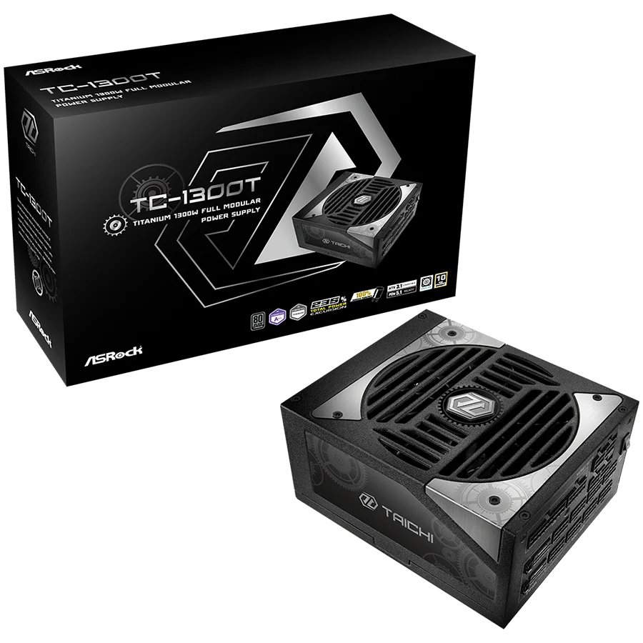 Asrock TC-1300T, 1300W, 80 Plus Titanium, Fully Modular PSU, Japanese Capacitors, 2x EPS 12V CPU(4+4pin), 2x PCIe5.1 (12+4pin), 8x PCIe (6+2pin), 3x 4-pin connectors, 9x SATA, OCP, SCP, OVP, UVP, OTP, OPP protections, 135 mm Axial Fan, ATX 3.1