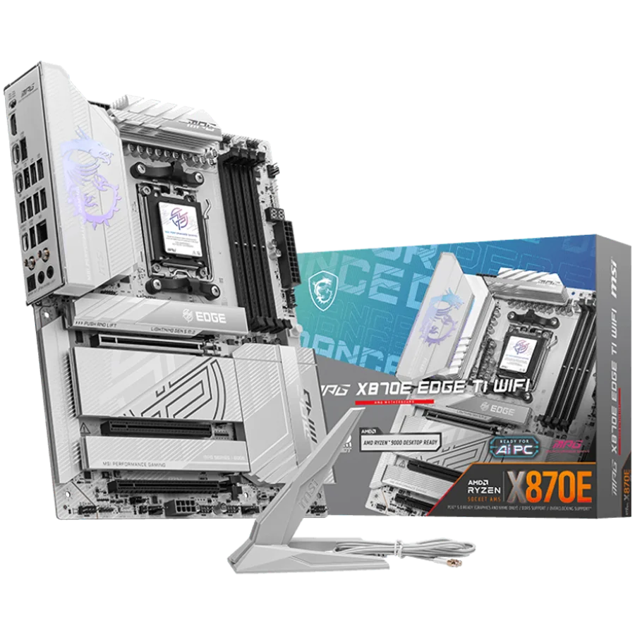 MSI MPG X870E EDGE TI WIFI, ATX, Socket AM5, 4x DDR5 Dual Channel DDR5 up to 8400(OC)MHz, 3x PCIe 3.0 x16 slot, 4x M.2 slot, 4x USB 2.0, 5x USB 10Gbps, 1x 10Gbps Type-C, 1x 40Gbps Type-C, HDMI, 7.1 HD Audio, 5G LAN, WiFI 7, BT, 3Y