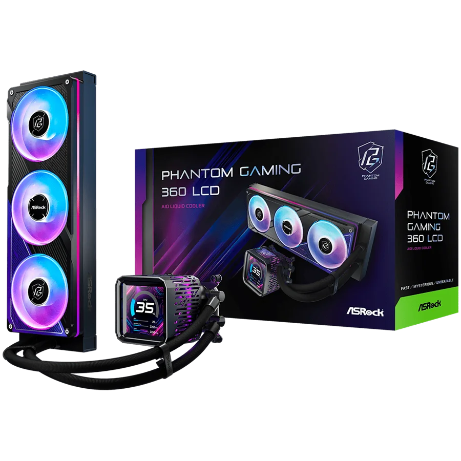 Asrock PHANTOM GAMING 360 LCD, AiO liquid cooler, ARGB, IPS LCD, 360 mm radiator, AM5, AM4, LGA1851, LGA1700, 90-APGA36-BAAGA5, 6Y
