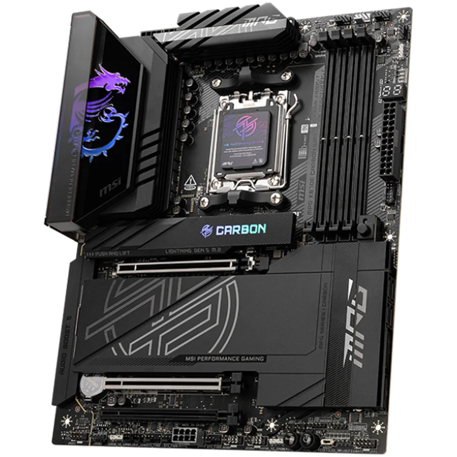 MSI MPG X870E CARBON WIFI, ATX, Socket AM5, 4x DDR5 Dual Channel DDR5 up to 8400(OC)MHz, 3x PCIe 3.0 x16 slot, 4x M.2 slot, 9x USB 10Gbps, 2x 10Gbps Type-C, 2x 40Gbps Type-C, HDMI, 7.1 HD Audio, 2.5+5G LAN, WiFI 7, BT, 3Y