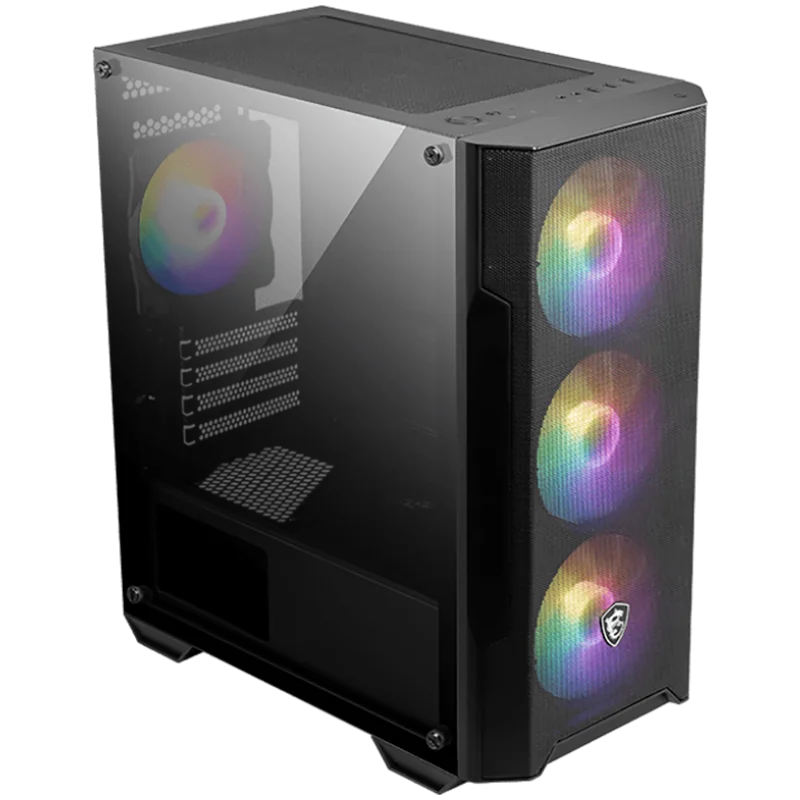 MSI MAG FORGE M100A, M-ATX Tower, M-ATX/ M-ITX, 1x USB 3.2 Gen 1 Type-A, 2x USB 2.0 Type-A, 1x Audio, 1x Mic, Power Button, 4x 120mm ARGB Fans, Mesh Panel, Acrylic panel.