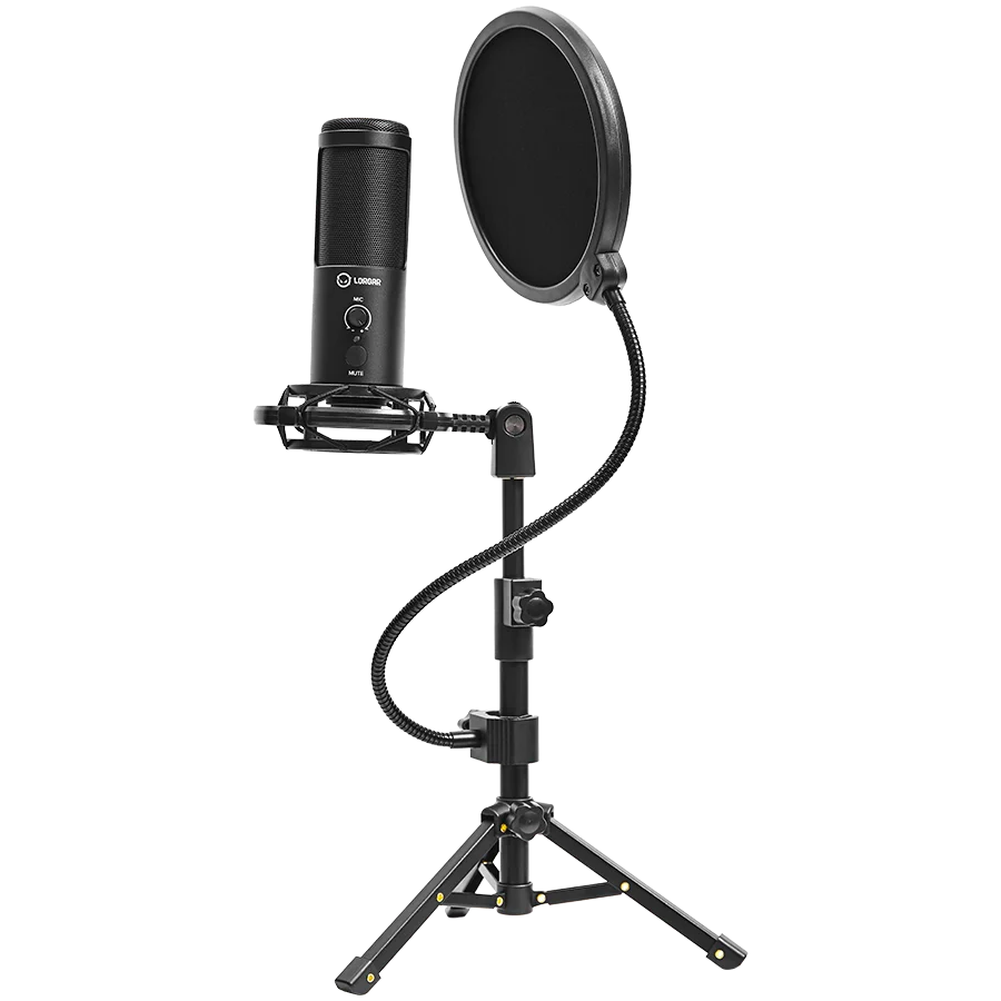 LORGAR Voicer 721, Gaming Microphone, Black, USB condenser microphone with tripod stand, pop filter, including 1 microphone, 1 Height metal tripod, 1 plastic shock mount, 1 windscreen cap, 1,2m metel type-C USB cable, 1 pop filter, 154.6x56.1mm