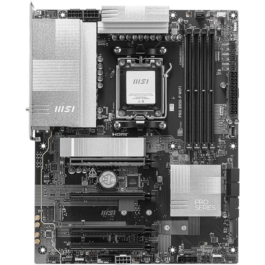 MSI PRO B850-P WIFI, ATX, Socket AM5, 4x DDR5 Dual Channel DDR5 up to 8200(OC)MHz, 4x PCIe 3.0 16 slots, 3x M.2 slots, 4x USB 2.0, 1x USB 5Gbps, 1x USB 10Gbps, 2x USB 10Gbps Type-C, HDMI, 7.1 HD Audio, 5G LAN, WiFI 7, BT, 3Y