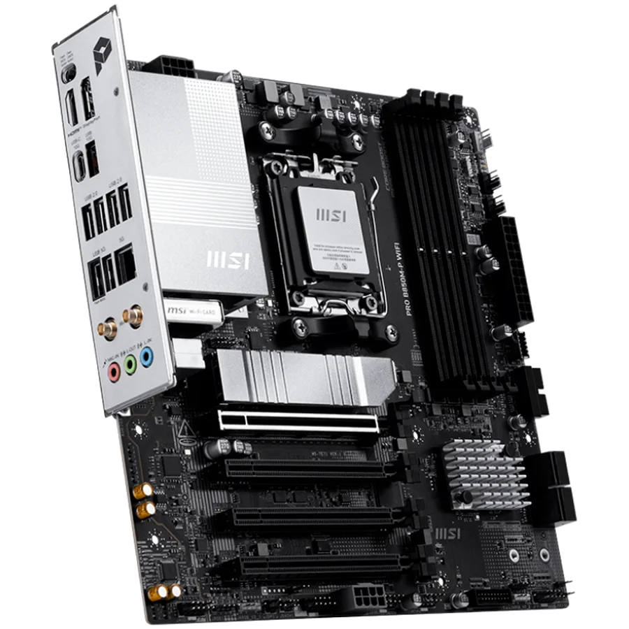 MSI PRO B850M-P WIFI, mATX, Socket AM5, 4x DDR5 Dual Channel DDR5 up to 8200(OC)MHz, 4x PCIe x16 slot, 3x M.2 slot, 4x USB 2.0, 2x USB 5Gbps, 1x USB 10Gbps, 1x USB 10Gbps Type-C, DP, 7.1 HD Audio, 5G LAN, WiFI 7, BT, 3Y