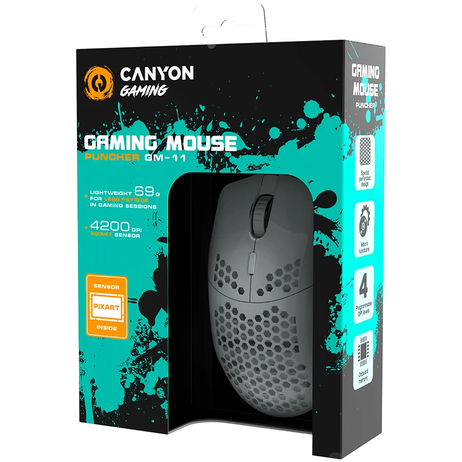 CANYON Puncher GM-11, Gaming Mouse with 7 programmable buttons, Pixart 3519 optical sensor, 4 levels of DPI and up to 4200, 5 million times key life, 1.65m Ultraweave cable, UPE feet and colorful RGB lights, White, size:128.5x67x37.5mm, 105g