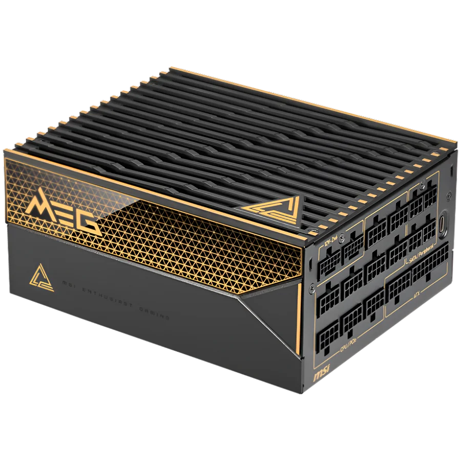 MSI MEG Ai1600T PCIE5 Power Supply 1600W, 80 PLUS Titanium, Dual PCIe 5.1 Cables, ATX 3.1, Software Sync, Mystic Light, 135mm Fan, Fan Stop, OCP/OTP/OPP/SCP/OVP/UVP/SIP/NLO, Interleaved PFC, Braided Cables, Dimensions: 190mmx150mmx86mm, 12Y Warranty