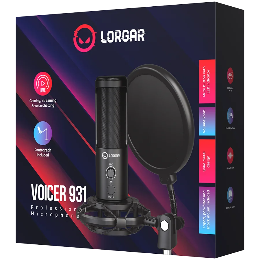 LORGAR Voicer 931, Gaming Microphone, Black, USB condenser microphone with boom arm stand, pop filter, tripod stand. including 1* microphone, 1*Boom Arm Stand with C-clamp, 1*shock mount, 1*pop filter, 1*windscreen cap, 1*2.5m type-C USB cable, 1* Extra t