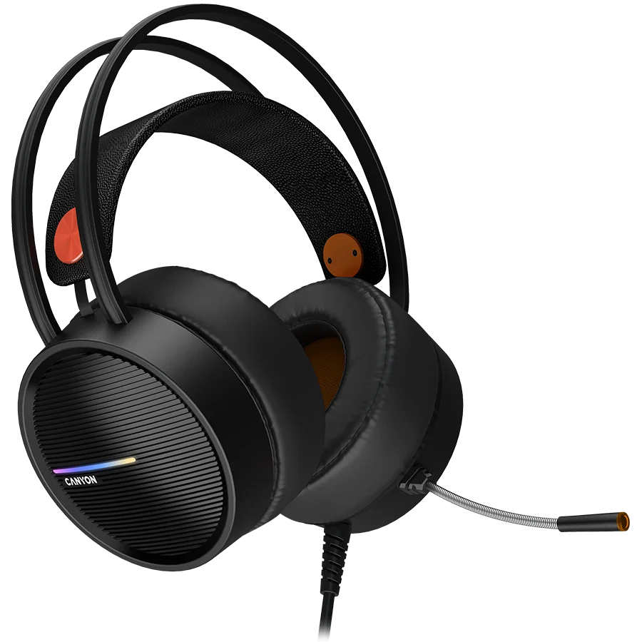 CANYON INTERCEPTOR GH-8A, Gaming headset 3.5mm jack plus USB connector for LED backlight, adjustable microphone and volume control, with 2in1 3.5mm adapter, cable 2M, Black and Orange, 0.36kg
