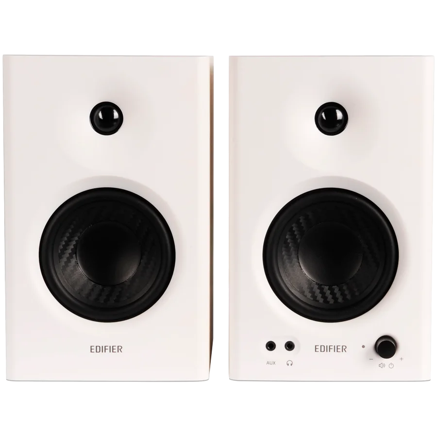 Edifier MR4 Active Studio Monitors, RCA, AUX, TRS, 1-inch Tweeters, 4-inch Woofers, 42W (RMS), Control Knob, White