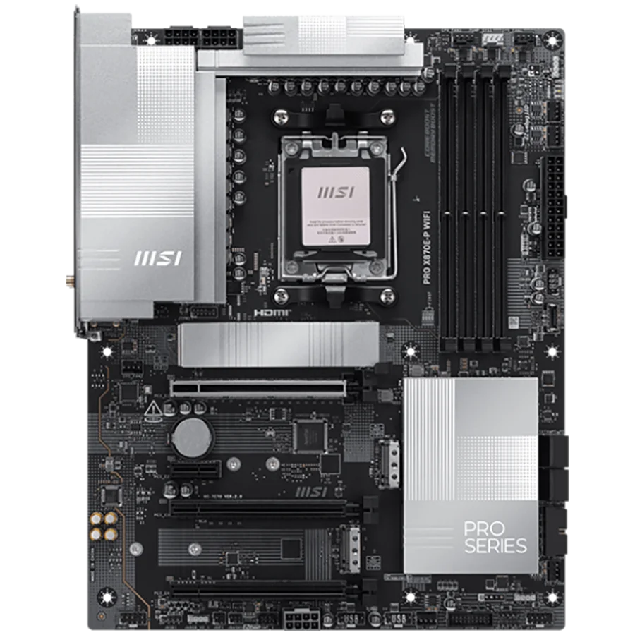 MSI PRO X870E-P WIFI, ATX, Socket AM5, 4x DDR5 Dual Channel DDR5 up to 8200(OC)MHz, 3x PCIe x16 slot, 3x M.2 slot, 4x USB 2.0, 2x USB 5Gbps, 2x USB 10Gbps, 1x 20Gbps Type-C, 1x 40Gbps Type-C, HDMI, 7.1 HD Audio, 5G LAN, WiFI 7, BT, 3Y