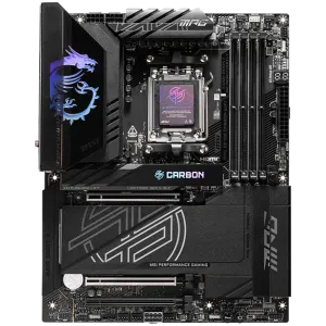MSI MPG X870E CARBON WIFI, ATX, Socket AM5, 4x DDR5 Dual Channel DDR5 up to 8400(OC)MHz, 3x PCIe 3.0 x16 slot, 4x M.2 slot, 9x USB 10Gbps, 2x 10Gbps Type-C, 2x 40Gbps Type-C, HDMI, 7.1 HD Audio, 2.5+5G LAN, WiFI 7, BT, 3Y